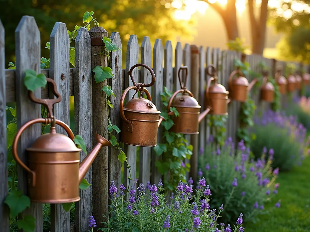 Vintage Garden Tools Fence Art - A charming cottage garden fence at golden hour, photographed with a DSLR wide-angle lens. The weathered wooden fence features artfully arranged vintage garden tools, including copper watering cans with trailing ivy, antique hand trowels, and rustic rake heads serving as decorative post caps. Morning glory vines weave through the tools, creating a whimsical living artwork. The fence is bordered by blooming lavender and cottage roses, with dappled sunlight creating magical shadows through the tools. Professional photography with f/8 aperture captures the rich textures of aged metal against weathered wood, while maintaining sharp detail throughout the composition.