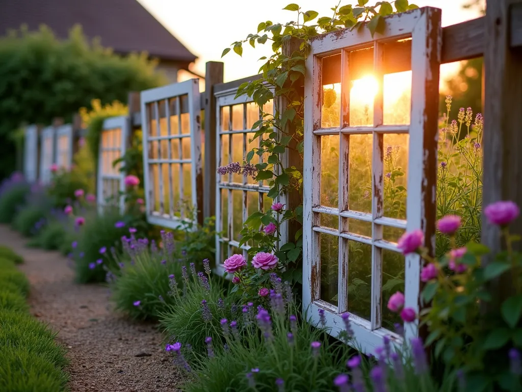 Vintage Window Frame Garden Fence at Sunset - A whimsical cottage garden fence made of weathered white-painted window frames at golden hour, beautifully arranged between rustic wooden posts. Purple clematis and climbing roses weave through the empty windowpanes, creating living artwork against the warm sunset sky. The vintage frames are varying sizes, creating an enchanting dimensional effect. Soft evening light filters through the glass-free frames, casting geometric shadows on a winding garden path lined with lavender and cottage perennials. Shot with shallow depth of field focusing on a particularly beautiful frame where pink roses cascade through the muntins, with a dreamy, bokeh background. 16mm wide-angle perspective capturing the magical atmosphere of the repurposed boundary.