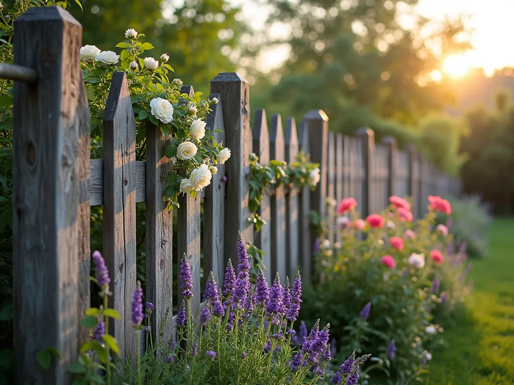 Weathered Wood Cottage Fence at Dawn - A DSLR wide-angle photograph of a weathered oak garden fence with a beautiful silver-gray patina, captured during early morning golden hour. The fence creates a rustic boundary in a cottage garden, with climbing roses and English lavender softening its weathered texture. Morning dew glistens on the natural wood grain, while climbing clematis weaves through the aged boards. The fence is perfectly imperfect, showing nature's patination, surrounded by cottage garden favorites like foxgloves, delphiniums, and hollyhocks. Shot at f/8 with gentle sunlight highlighting the fence's characterful weathering, creating a dreamy, romantic atmosphere that epitomizes cottage garden charm.