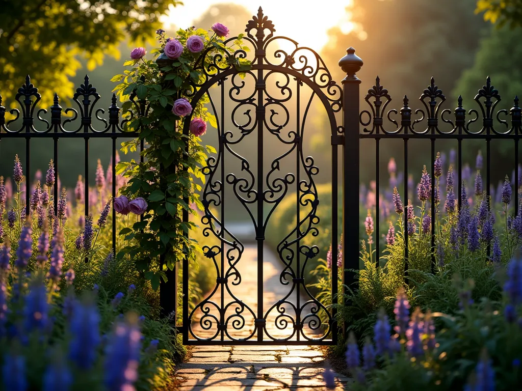 Elegant Wrought Iron Garden Fence with Climbing Roses - A stunning DSLR wide-angle photograph of an ornate black wrought iron garden fence at golden hour, featuring intricate Victorian scrollwork patterns. The 6-foot fence panels create a sophisticated boundary between cottage garden spaces, with delicate climbing roses and purple clematis intertwining through the metalwork. Soft evening sunlight filters through the decorative panels, casting intricate shadow patterns on a stone garden path below. The fence is flanked by lush cottage garden borders filled with blooming lavender, foxgloves, and delphiniums. Crystal-clear detail captures the refined craftsmanship of the iron scrollwork and the dewy rose petals, while the shallow depth of field creates a dreamy, enchanted garden atmosphere.