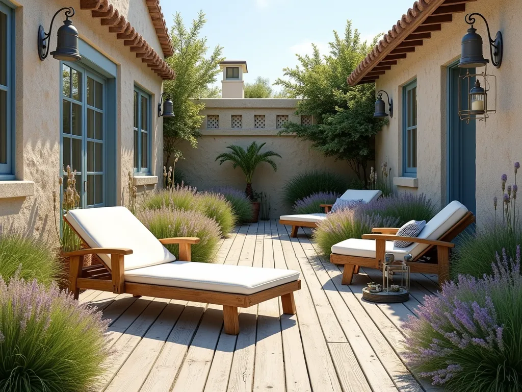 Serene Coastal Courtyard Retreat - A sunlit intimate courtyard garden with weathered gray wooden decking, surrounded by swaying ornamental grasses and coastal vegetation. Natural stone walls frame the space, while comfortable white-cushioned teak lounge chairs invite relaxation. Soft blue and sandy beige color palette throughout. Wispy sea lavender and beach grass catch the golden afternoon light. Weathered rope details and vintage nautical lanterns add authentic coastal charm. Sea thrift and native coastal plants dot the perimeter, creating a natural beachside atmosphere. Photorealistic, architectural photography style, soft natural lighting.