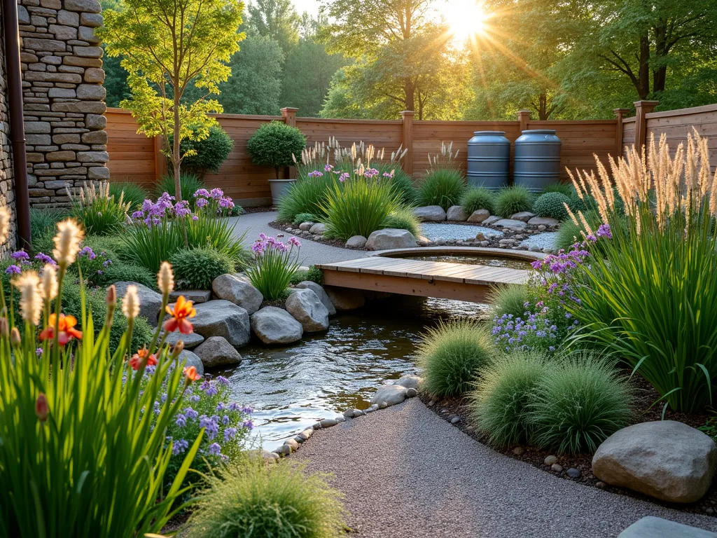 Serene Courtyard Rain Garden - A peaceful courtyard rain garden photographed during golden hour, featuring a terraced design with natural stone retaining walls. A copper rain chain gracefully guides water into a decorative stone basin surrounded by lush moisture-loving plants. The garden includes sweeping masses of native iris, sedges, and joe pye weed in varying heights. Permeable gravel pathways wind through the space, while a small wooden bridge crosses over a dry creek bed lined with river rocks. The layered planting design showcases both drought-tolerant plants on elevated areas and water-loving species in lower basin areas. Decorative rain barrels blend seamlessly with the natural aesthetic, complemented by ornamental grasses catching the warm light.