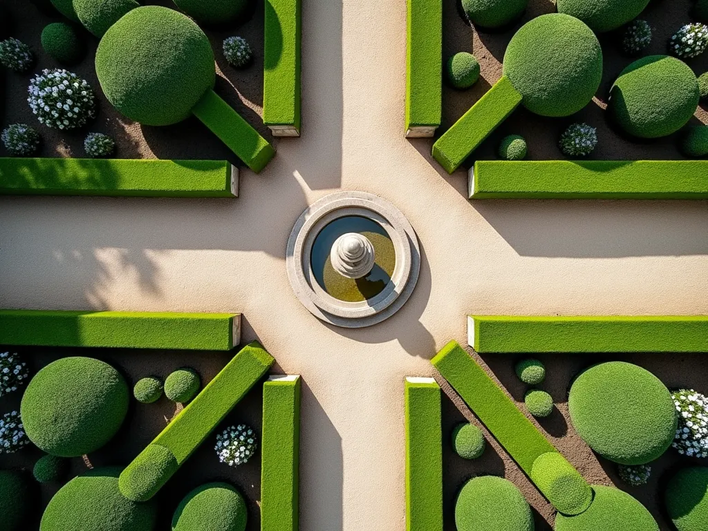 Elegant Formal Symmetrical Courtyard Garden - A stunning aerial view of a formal courtyard garden showcasing perfect symmetry, with neatly trimmed boxwood hedges forming geometric patterns around a classical tiered stone fountain centerpiece. Manicured topiary spheres and cones line the crushed gravel pathways that intersect at right angles. The garden features precisely arranged flower beds with white roses and lavender, creating a harmonious balance. The scene is captured in soft natural daylight, highlighting the clean lines and formal European garden design style, with rich green foliage contrasting against light stone elements.