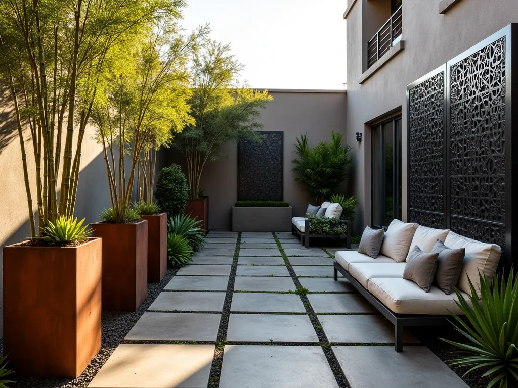 Modern Industrial Courtyard Garden with Architectural Plants - A sleek industrial courtyard garden at golden hour, featuring weathered Corten steel planters of varying heights containing tall bamboo and architectural succulents. Modern charcoal-colored concrete pavers create a geometric pattern, complemented by a dramatic laser-cut metal privacy screen with a geometric design. Contemporary minimalist lounge furniture in gunmetal grey with plush cushions provides seating. Soft ornamental grasses and Agave plants create contrast against the hard industrial elements. The space is photographed from a slight elevation to show the harmonious blend of industrial materials and natural elements, with dramatic shadows casting interesting patterns across the space.