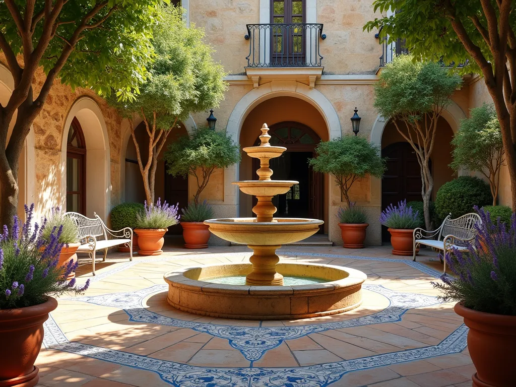 Mediterranean Courtyard with Tiered Fountain - A sun-drenched Mediterranean courtyard garden featuring a classical three-tiered stone fountain as the centerpiece, surrounded by weathered terracotta pots filled with blooming lavender. Mature potted citrus and olive trees create dappled shade, while intricate blue and white mosaic tiles line the plaza floor in traditional patterns. Ornate wrought iron benches and archways add architectural interest. Warm evening light casts long shadows across the textured stone walls, with water cascading peacefully in the fountain. Photorealistic, architectural photography style, f/8, golden hour lighting.