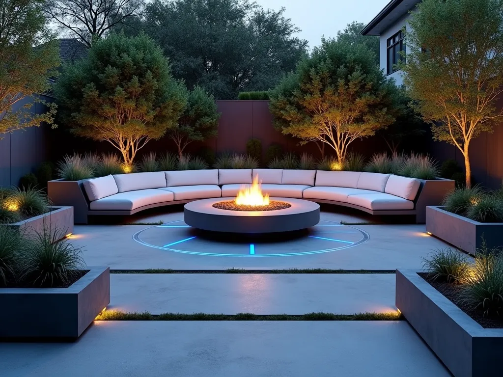 Modern Courtyard Fire Pit Lounge - A sleek, contemporary courtyard garden at twilight featuring a modern circular fire pit as the centerpiece, surrounded by low-profile charcoal gray modular seating with crisp white cushions. Minimalist concrete pavers create clean lines, with subtle LED strip lighting illuminating the pathway edges with a cool blue glow. Built-in concrete benches with plush weather-resistant cushions line the perimeter. Strategic accent plants including small ornamental grasses and architectural succulents in modern rectangular planters provide subtle greenery without overwhelming the space. The scene is captured from a slight elevated angle, showing the geometric harmony of the design with warm firelight creating an inviting ambiance against the contemporary hardscaping.