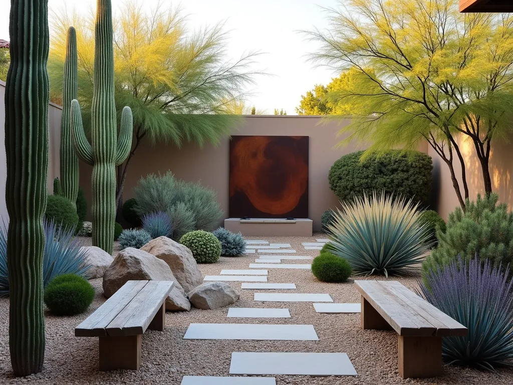 Modern Desert Courtyard Oasis - A serene courtyard garden featuring a harmonious arrangement of tall saguaro cacti, golden barrel cacti, and diverse succulents in varying shades of blue-green and purple. Mexican feather grass sways gently between sculptural desert plants. A winding path of light-colored gravel and large flat stones leads to a striking cor-ten steel abstract sculpture. Natural rock formations and weathered wooden benches provide texture, while strategic uplighting creates dramatic shadows. The scene is captured during golden hour, with warm sunlight filtering through the desert landscape, creating a peaceful and sophisticated atmosphere.