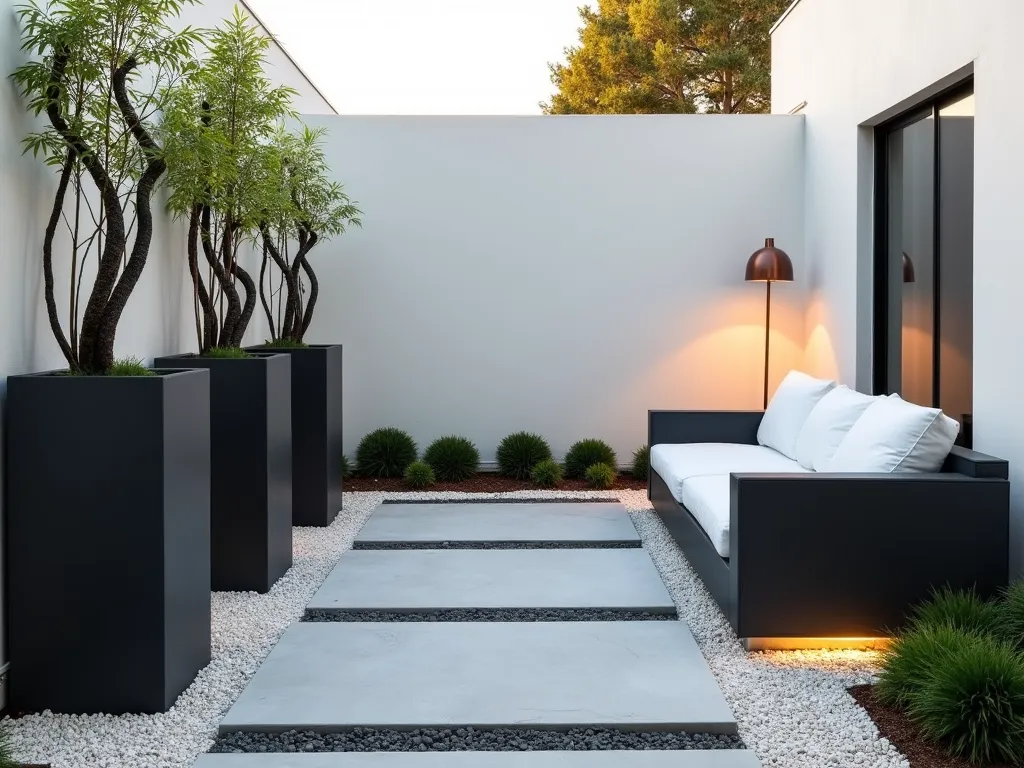 Modern Minimalist Courtyard Garden - A serene modern courtyard garden with clean geometric lines, photographed at golden hour. Large light grey rectangular concrete pavers create a streamlined path, surrounded by crushed white gravel. Three tall black rectangular planters contain sculptural snake plants and bamboo. A sleek charcoal-colored outdoor sofa with crisp white cushions sits against a smooth white rendered wall. Subtle LED strip lighting illuminates the path edges, while a statement copper floor lamp provides ambient lighting. The space features a restrained color palette of whites, greys, and natural greens, creating a zen-like atmosphere. Architectural photography style, high-end design magazine quality.