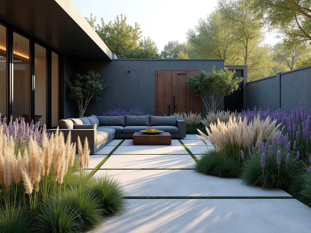 Modern Prairie Courtyard Oasis - A serene and sophisticated courtyard garden featuring flowing waves of feather reed grass and purple coneflowers in natural, organic drifts. Minimalist concrete pavers create clean geometric paths through the prairie-style plantings. A sleek charcoal-colored modern sectional sofa anchors one corner, while architectural Cor-ten steel planters add contemporary warmth. The planting palette focuses on silvery blues, deep purples, and warm golden tones. Soft evening light casts long shadows across the space, highlighting the ethereal movement of the grasses. Photorealistic, architectural photography style.