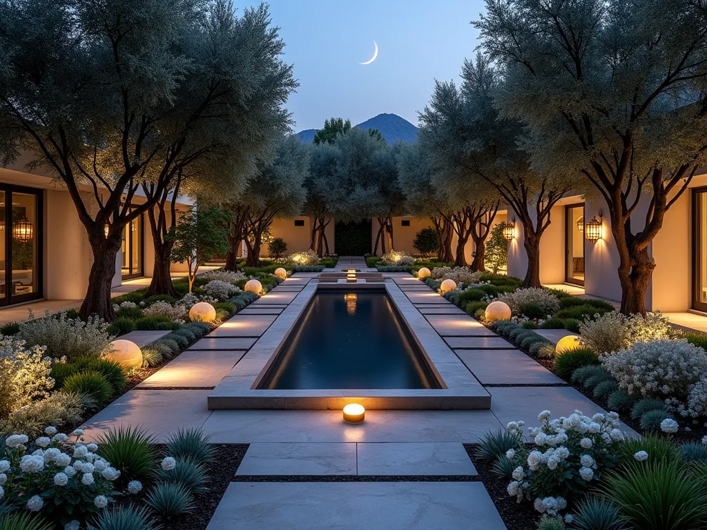 Moonlit Courtyard Paradise - A serene nighttime courtyard garden viewed from above, with warm LED uplighting illuminating mature olive trees and Japanese maples. Stone pathways lined with glowing orb lights weave through beds of white moonflowers, white roses, and silvery lamb's ear. A modern rectangular reflecting pool in the center features underwater lights and floating candles, creating magical reflections. White flowering jasmine climbs courtyard walls softly lit by copper sconces. The scene is captured during the blue hour, with a crescent moon visible in the dusky sky, creating an enchanted atmosphere. Photorealistic, architectural photography style.