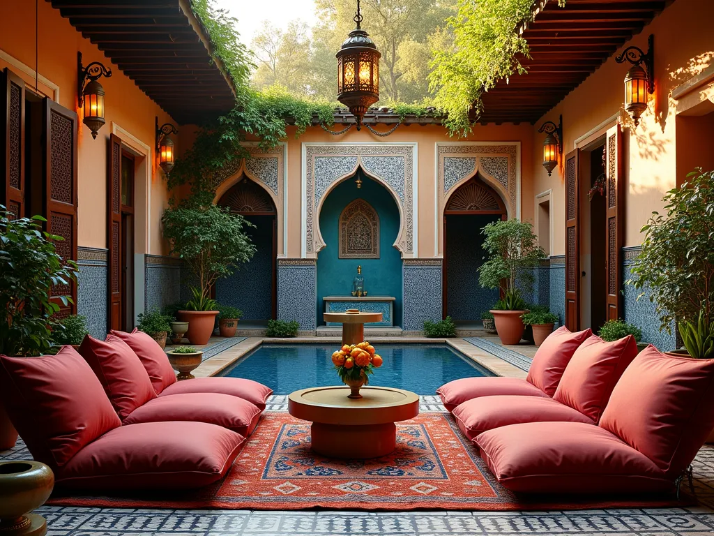 Luxurious Moroccan Courtyard Garden - A stunning Moroccan-inspired courtyard garden at golden hour, featuring intricate blue and turquoise zellige tiles on walls and fountain. Ornate brass lanterns hang from wooden pergola beams, casting warm patterns. Plush jewel-toned floor cushions and low tables create intimate seating areas on a mosaic tile floor. Climbing jasmine vines and potted citrus trees frame the space. Vibrant textiles in deep reds and oranges drape decoratively. Detailed architectural elements include horseshoe arches and carved wooden screens. Rich ambiance, photorealistic, architectural photography style.