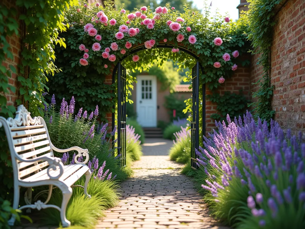 Enchanted Cottage Garden Courtyard - A sunlit intimate courtyard garden in cottage style, featuring a weathered brick pathway leading to an ornate wrought-iron arch covered in climbing pink roses and purple clematis. Lush borders overflow with blooming English lavender, tall purple foxgloves, and a mix of cottage perennials in soft pastels. A vintage wrought-iron garden bench with peeling white paint sits beside the path, surrounded by billowing flowers. Dappled sunlight creates a romantic atmosphere, with honey-colored reclaimed brick walls partially covered in climbing roses. Photorealistic, soft morning light, depth of field, botanical garden photography style.