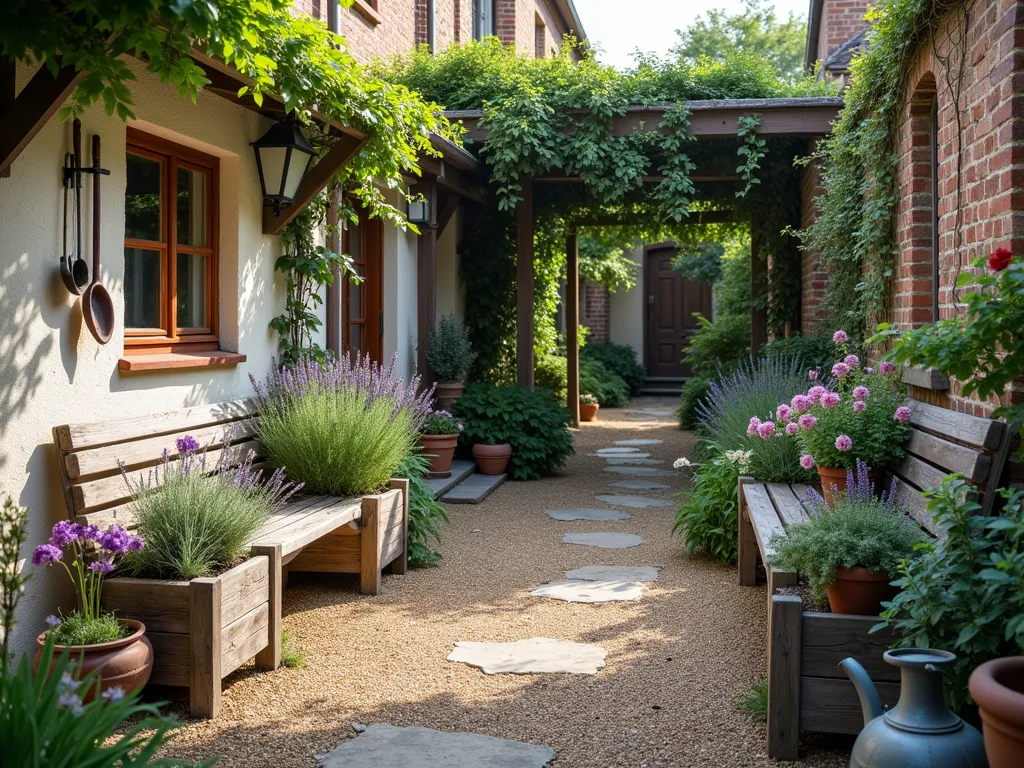 Rustic Farmhouse Courtyard Garden - A cozy courtyard garden with weathered wooden benches and vintage garden tools artfully arranged on a distressed brick wall. Abundant clusters of lavender, sage, and rosemary grow in raised wooden planters. Old-fashioned flowers like hollyhocks and foxgloves bloom freely against whitewashed walls. A rustic wooden arbor covered in climbing roses frames the scene. Natural gravel pathways wind between informal cottage-style plantings. Vintage zinc watering cans and terracotta pots add authentic farmhouse charm. Soft evening lighting creates a warm, welcoming atmosphere. Photorealistic, detailed, cinematic lighting.