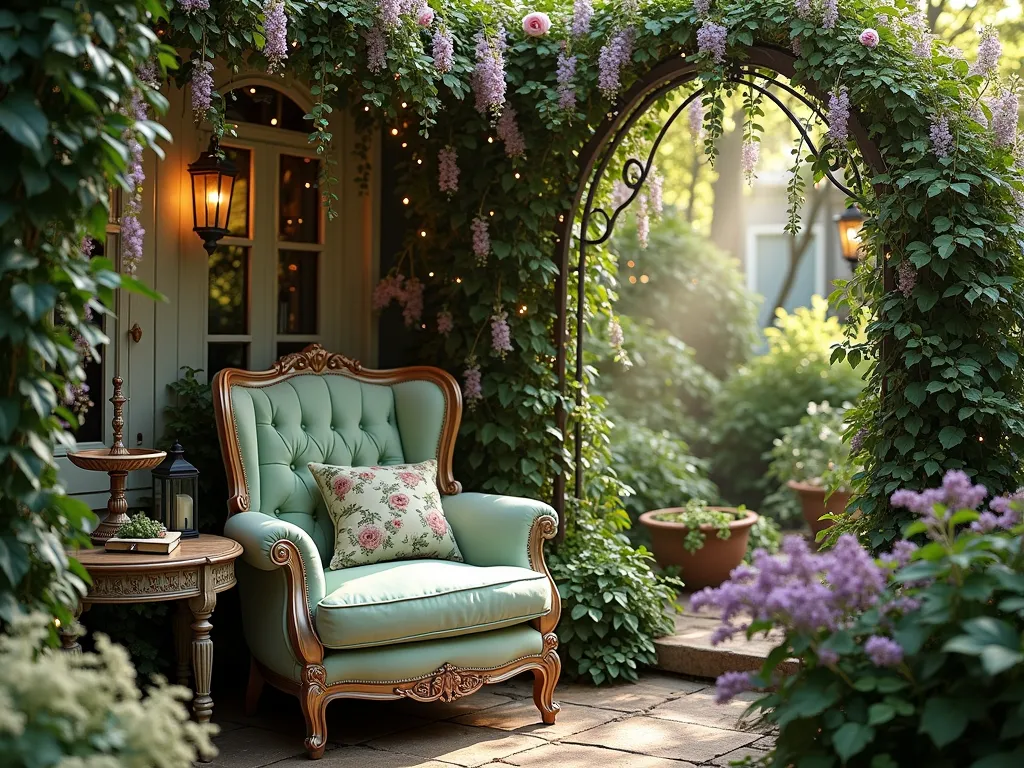 Enchanted Reading Nook with Climbing Roses - A magical secret garden reading nook in a courtyard setting, featuring a plush vintage-style armchair with weatherproof cushions in soft sage green. Surrounding the chair, Victorian wrought-iron trellises covered in climbing roses and wisteria create a natural canopy. A small copper tiered fountain gently trickles nearby, while fairy lights are delicately woven through the foliage. Persian jasmine and moonflowers add ethereal fragrance. Dappled evening light filters through the climbing plants, creating a romantic atmosphere. A weathered wooden side table holds a book and vintage-style lantern. The scene is captured in a dreamy, cottage core aesthetic with soft, warm lighting.