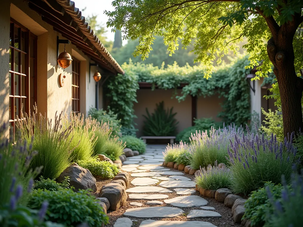 Multi-Sensory Courtyard Garden Path - A winding natural stone path through an intimate courtyard garden at golden hour, bordered by layers of fragrant lavender, rosemary, and sage. Tall ornamental grasses sway in the breeze near copper wind chimes. Textural elements include moss-covered stones, delicate ferns, and rough timber pergola posts. Soft lighting illuminates herb beds and flowering jasmine climbing the weathered walls. A small meditation bench sits beneath a flowering cherry tree, surrounded by patches of chamomile and thyme releasing their scent underfoot. Artistic photography style, dreamy atmosphere, dappled sunlight filtering through leaves.