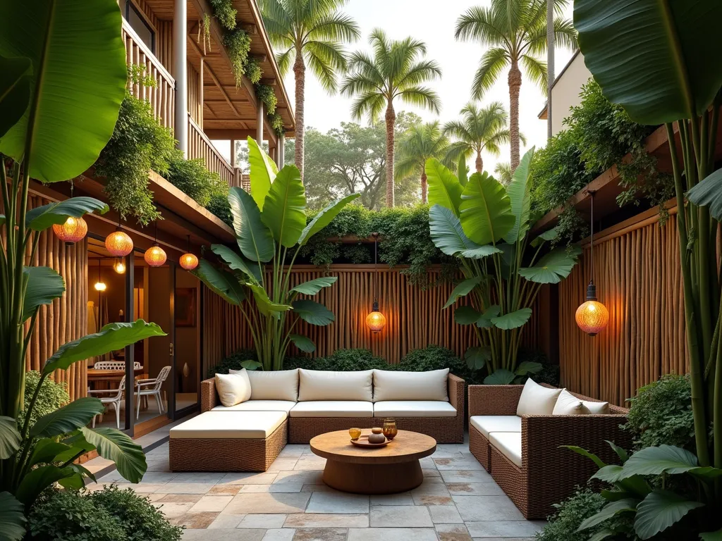 Tropical Courtyard Retreat - A serene courtyard garden with towering banana trees and bird of paradise plants creating a lush tropical canopy, photographed during golden hour. Large tree ferns provide mid-level greenery while colored glass lanterns hang from bamboo privacy screens. A plush rattan lounge set with cream cushions sits on natural stone pavers, surrounded by tropical foliage. Warm lighting filters through the glass lanterns creating a magical atmosphere, architectural photography style, ultra-detailed, 8k resolution