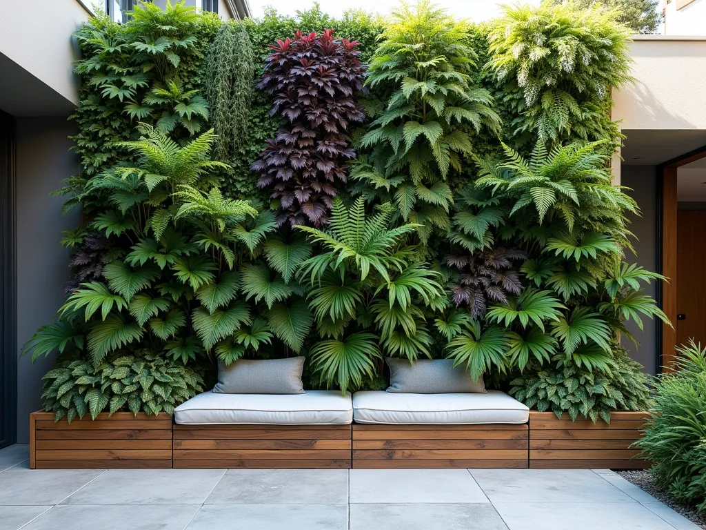 Luxuriant Living Wall Courtyard - A stunning vertical garden living wall in a contemporary courtyard setting, photographed in soft natural light. The wall features a lush, textured tapestry of plants at different heights and depths. Deep green ferns cascade between purple heucheras and white-flowering clematis vines. Boston ferns and bird's nest ferns provide varying shades of green, while trailing spider plants add flowing movement. The living wall system has a modern architectural framework, with plants arranged in a naturalistic pattern. Small LED lights are tastefully integrated, creating subtle highlights on the foliage. The base of the wall includes built-in seating with weathered teak wood, while the surrounding courtyard floor features light-colored natural stone pavers. Architectural photographic style, hyper-realistic, 8k quality.