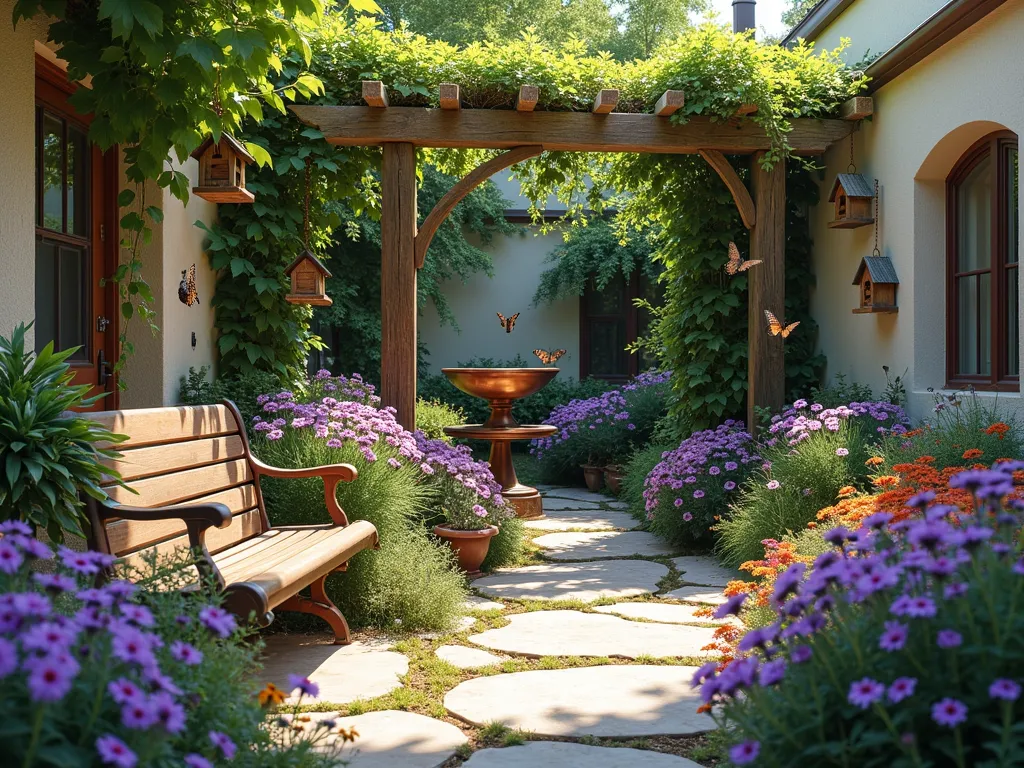 Butterfly and Bird Sanctuary Courtyard - A sunlit intimate courtyard garden with stone pathways winding through beds of purple coneflowers, black-eyed susans, and native salvias in full bloom. A decorative copper bird bath serves as a central focal point, surrounded by flowering butterfly bushes. Natural wood bird feeders hang from a weathered pergola draped with native wisteria. Small wooden bird houses nestle among the foliage. Several monarch butterflies and hummingbirds hover near the flowers. Comfortable wooden bench positioned for wildlife viewing. Soft afternoon light creates a magical atmosphere with natural shadows. Photorealistic, high detail, landscape architecture photography style.