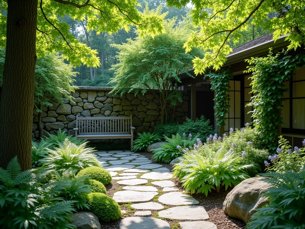 Serene Woodland Courtyard Retreat - A tranquil courtyard garden photographed in soft natural light, featuring a winding natural stone pathway through lush green ferns and blue-green hostas. Japanese maple trees create dappled shade overhead, while moss-covered logs and weathered boulder accents add woodland charm. A rustic wooden bench nestles against a stone wall draped with climbing hydrangea. The scene is layered with different heights of shade-loving plants, including bleeding hearts, astilbe, and wood anemones creating a peaceful, forest-like atmosphere. Photorealistic, high-end landscape photography style, f/8, soft morning light filtering through the canopy