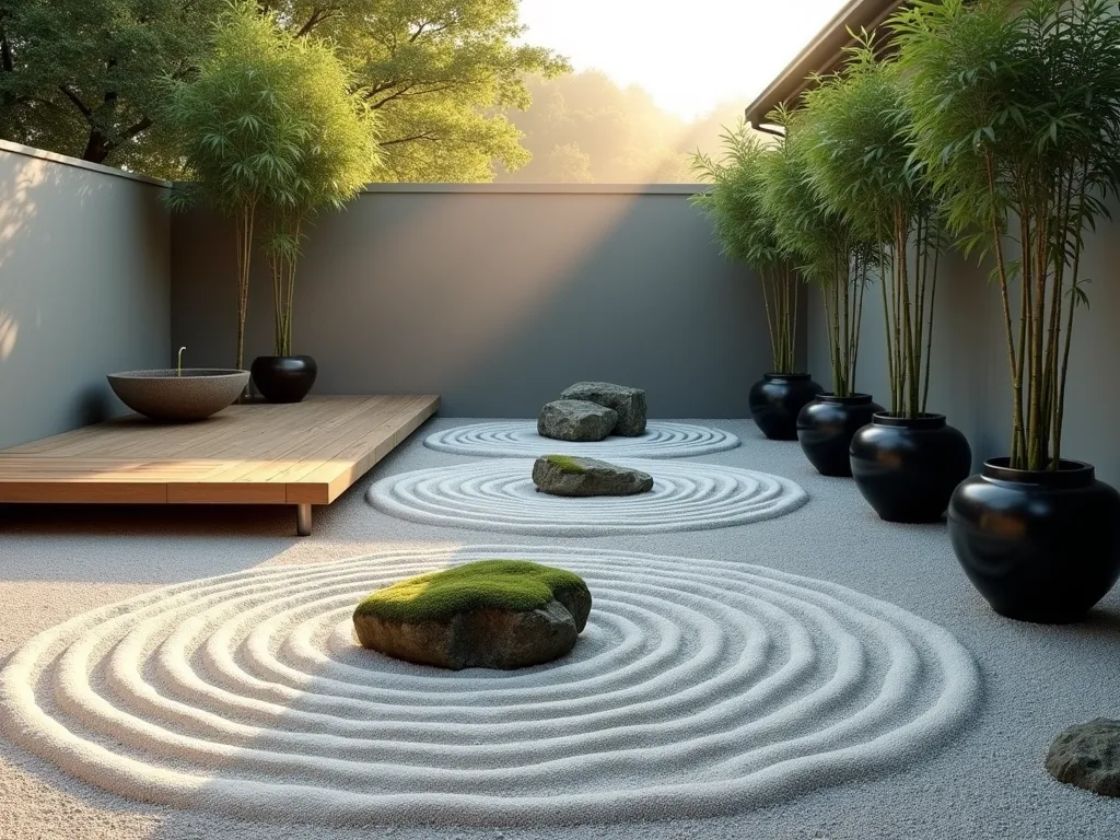 Serene Japanese Zen Courtyard - A peaceful Japanese-inspired zen courtyard garden viewed at golden hour, featuring meticulously raked white gravel patterns creating concentric circles around carefully placed natural moss-covered rocks. A sleek elevated wooden meditation deck extends from one corner, floating above the gravel. Compact bamboo plants in black ceramic planters line one wall, casting gentle shadows. A minimalist stone water basin with a bamboo spout creates a subtle water feature. Clean architectural lines and mindful spacing between elements embrace negative space. Soft natural lighting enhances the tranquil atmosphere, with hints of mist in the background.