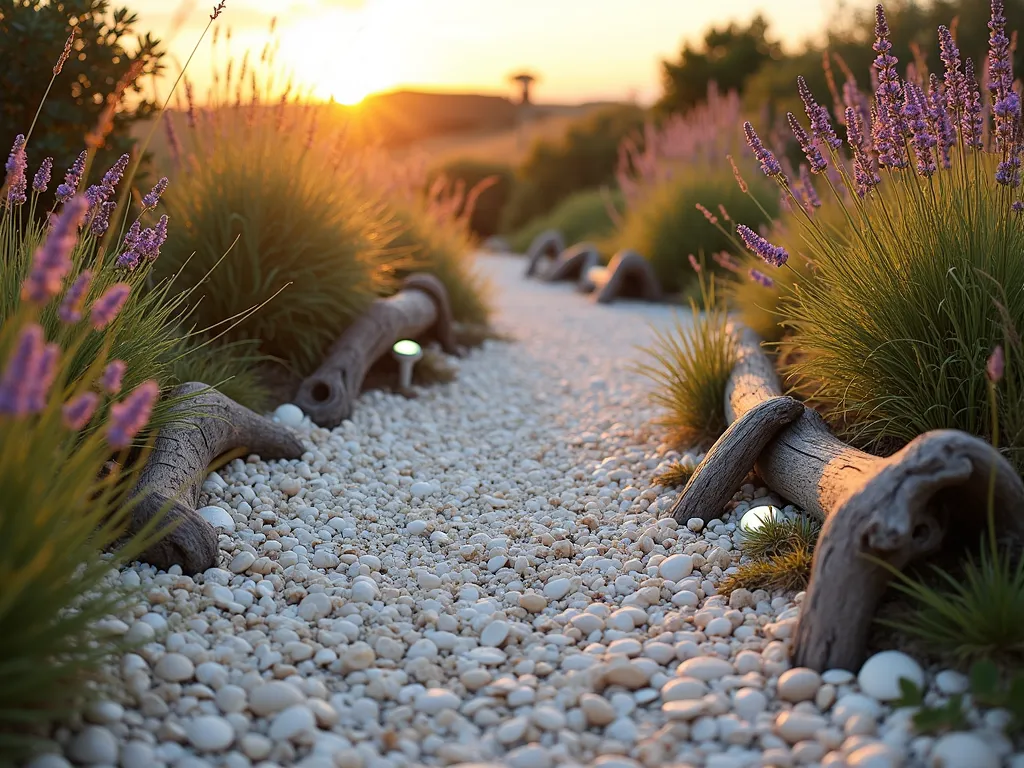 Seashell Garden Path at Sunset - A stunning wide-angle photograph of a gently curving garden path made of crushed white seashells, captured during golden hour. The path meanders through coastal vegetation, with swaying beach grasses and flowering sea lavender on either side. The low evening sun casts long shadows and makes the shell path gleam with a warm, golden glow. Native coastal plants like beach roses and ornamental grasses frame the curves, while weathered driftwood pieces serve as natural borders. Shot with a 16-35mm lens at f/2.8, ISO 400, creating a dreamy depth of field that highlights the textural details of the shells while maintaining the overall scene's composition. Small solar lights line the path's edges, preparing to illuminate the evening.