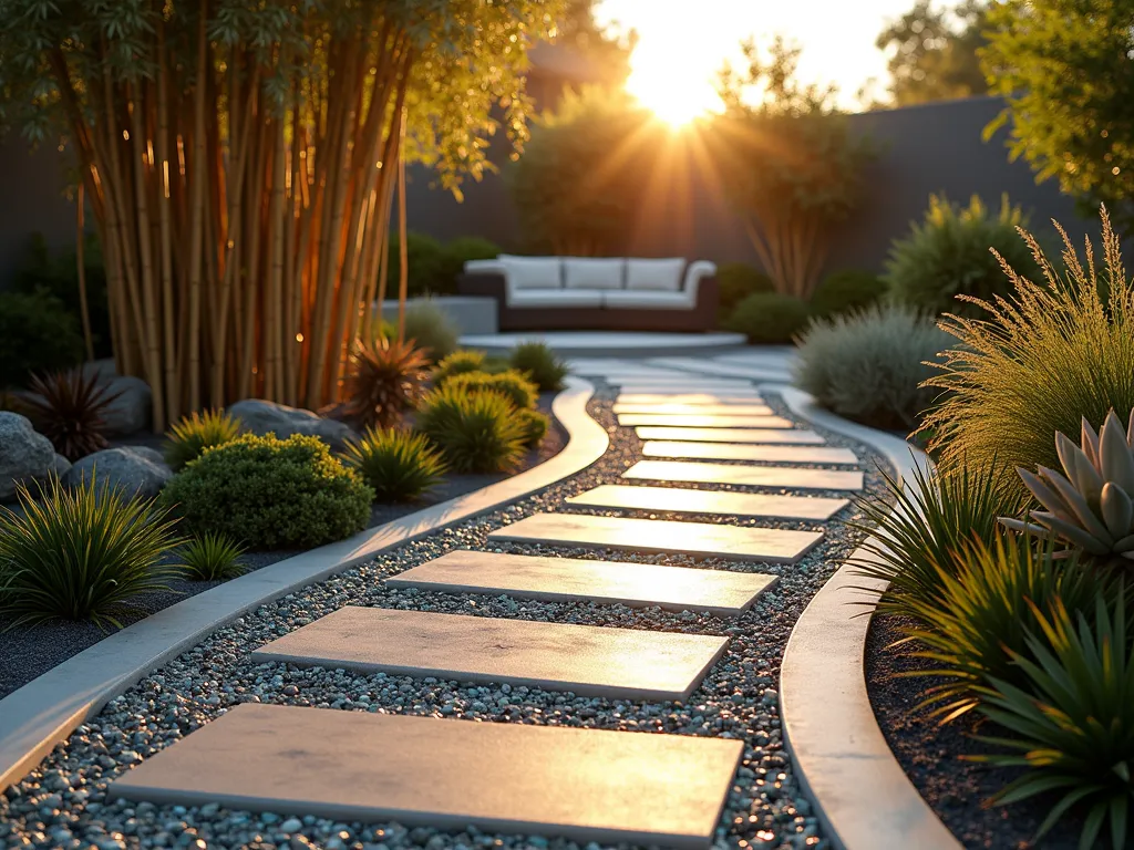 Illuminated Glass Aggregate Curved Path - A stunning curved garden path made of recycled glass aggregate embedded in smooth concrete, photographed during golden hour. The path gracefully winds through a modern landscape, with the low sun causing the glass pieces to sparkle like scattered gems. Clean-lined ornamental grasses and sculptural succulents line the edges, creating a dramatic contrast with the shimmering path. The wide-angle shot captures the sweeping curve of the path leading to a contemporary seating area, while architectural bamboo provides a vertical backdrop. The polished surface reflects the warm evening light, creating a magical interplay between modern materials and natural elements. Shot with shallow depth of field to emphasize the sparkkling texture of the glass aggregate.