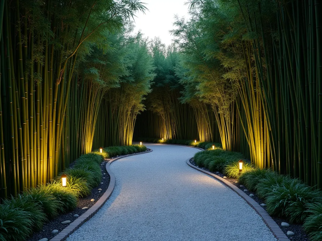 Curved Bamboo Path at Dusk - A serene curved garden pathway at dusk, featuring a winding gravel path bordered by tall, elegant bamboo plants creating natural walls. The path gracefully curves through the space, its light gray gravel contrasting with the deep green bamboo. Soft evening light filters through the bamboo leaves, casting gentle shadows across the path. The bamboo stalks rise majestically on both sides, their vertical lines creating a dramatic tunnel effect. The perspective shows the path leading into a gentle curve, inviting exploration. Ambient landscape lighting illuminates the bamboo from below, creating a magical, ethereal atmosphere. The path is perfectly maintained with clean edges, and small decorative stones line the borders where the gravel meets the bamboo grove.