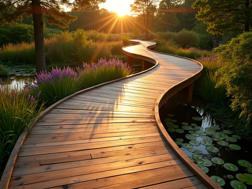 Curved Hardwood Boardwalk at Sunset - A stunning elevated curved wooden boardwalk photographed at golden hour, crafted from rich teak hardwood planks, gently winding through a lush garden landscape. The boardwalk is raised 2 feet above ground, spanning over a naturalistic pond with water lilies. Japanese forest grass and ferns grow beneath, while purple flowering perennials and ornamental grasses line both sides. Warm sunset light casts long shadows across the weathered wood grain, captured with a wide-angle lens perspective that emphasizes the dramatic S-curve of the path. The scene is beautifully composed with professional architectural photography techniques, showing the interplay of natural and built elements. 16-35mm lens, f/2.8, ISO 400, golden hour lighting.