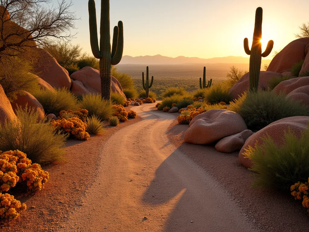 Curved Desert Garden Path at Sunset - A stunning wide-angle photograph of a meandering golden decomposed granite path at sunset, curving gracefully through a desert landscape. The path is bordered by majestic Saguaro cacti, golden barrel cacti, and flowering Desert Marigolds. Large weathered desert boulders in warm rust and tan tones anchor the corners of the curves, while Red Yucca and Desert Spoon add architectural interest. The low-angle sunlight casts long shadows across the path, highlighting its sensuous curves and the granular texture of the decomposed granite. In the background, the path disappears around a gentle bend, creating a sense of mystery and invitation. Shot with a 16-35mm lens at f/2.8, capturing the rich golden hour lighting and the subtle gradients in the desert sky.