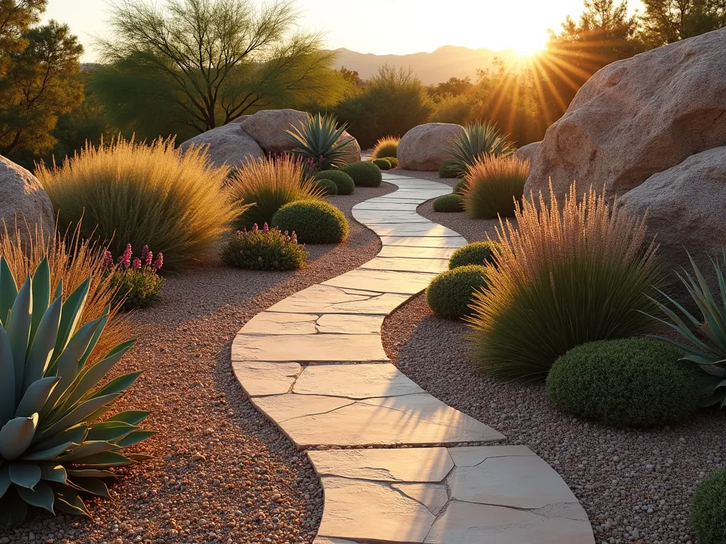 Desert Stone Serpentine Path - Wide-angle shot of a curving desert garden path at golden hour, featuring smooth local sandstone pavers meandering through a xeriscaped landscape. The sinuous path is bordered by crushed decomposed granite and decorated with drought-tolerant plantings including silver-blue agave, golden barrel cactus, and flowing red yucca. Desert sage and ornamental grasses catch the warm sunlight, creating dramatic shadows across the winding path. In the background, large weathered boulders anchor the design, while desert wildflowers add pops of color to the water-wise garden composition. Photorealistic, high detail, warm evening lighting with long shadows, architectural photography style.