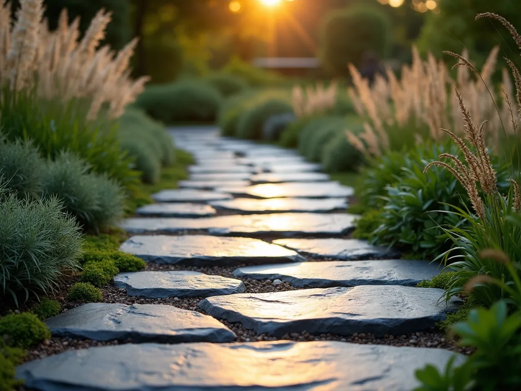 Elegant Curved Slate Garden Path at Dusk - A professional photograph of a gently curving garden path made of large, irregular slate stepping stones in deep charcoal gray, photographed during the golden hour. The path winds through a lush garden landscape, with the slate's natural cleft surface capturing the warm evening light. The stones are artfully arranged in a flowing curve, their edges naturally irregular and organic. Low-growing creeping thyme and moss soften the edges between stones, while ornamental grasses sway gently in the background. Shot with a wide-angle lens at f/2.8, creating a dreamy bokeh effect on the surrounding foliage while maintaining sharp detail on the slate's textured surface. The composition follows the curve from foreground to background, leading the eye through the serene garden scene.