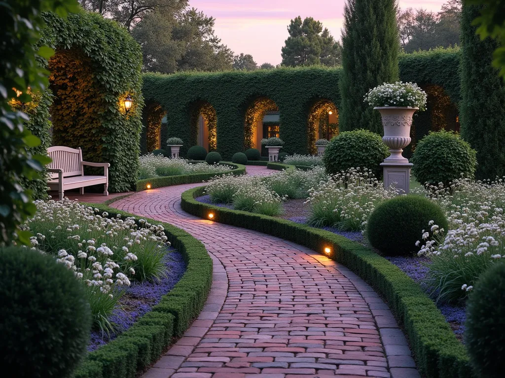 English Garden Brick Maze Path - A dreamy twilight scene of an elegant English garden featuring an artfully curved brick pathway that weaves through meticulously maintained boxwood hedges and flowering perennial beds. The serpentine path, made of weathered red bricks laid in a herringbone pattern, creates gentle curves that lead through archways of climbing roses. Lavender borders line the pathway edges, while perfectly trimmed topiaries mark key turning points. Soft garden lighting illuminates the path edges, creating a magical atmosphere as the last rays of sunset paint the sky in purple and gold hues. The composition is captured from a slightly elevated angle, showing the maze-like pattern while maintaining an intimate garden perspective. Classic stone benches and ornate urns filled with white flowering annuals accent the corners, adding to the formal English garden aesthetic.