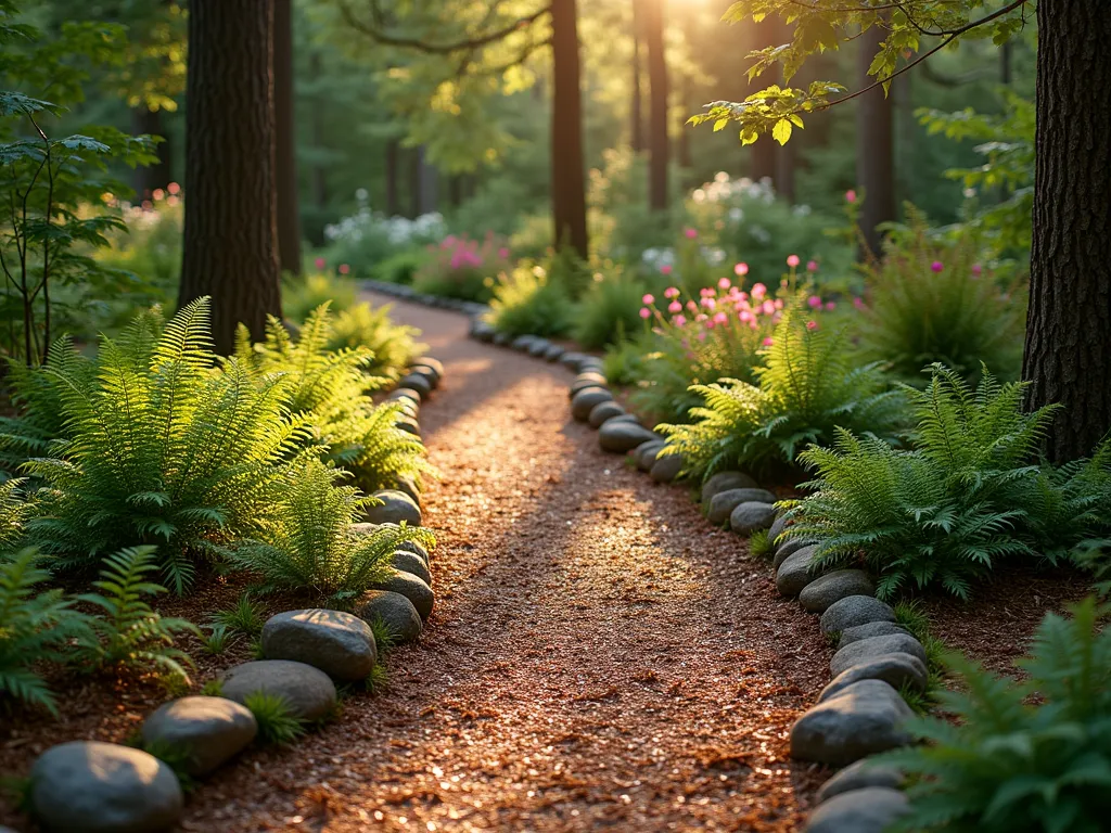 Enchanted Forest Path Meander - A serene, winding garden path made of rich brown pine needles and bark mulch meandering through a shaded backyard woodland garden, shot during golden hour. Native ferns and moss line the edges, while tall mature trees filter dappled sunlight creating enchanting shadows across the path. The natural, soft-textured trail curves gracefully between clusters of woodland wildflowers and shade-loving hostas. Captured with a wide-angle perspective at ground level to emphasize the path's gentle curves and forest floor texture, with selective focus highlighting the pine needle surface. Natural stone borders subtly define the edges, while rhododendrons provide pops of color in the background. Photographic style: moody and atmospheric with warm natural lighting.