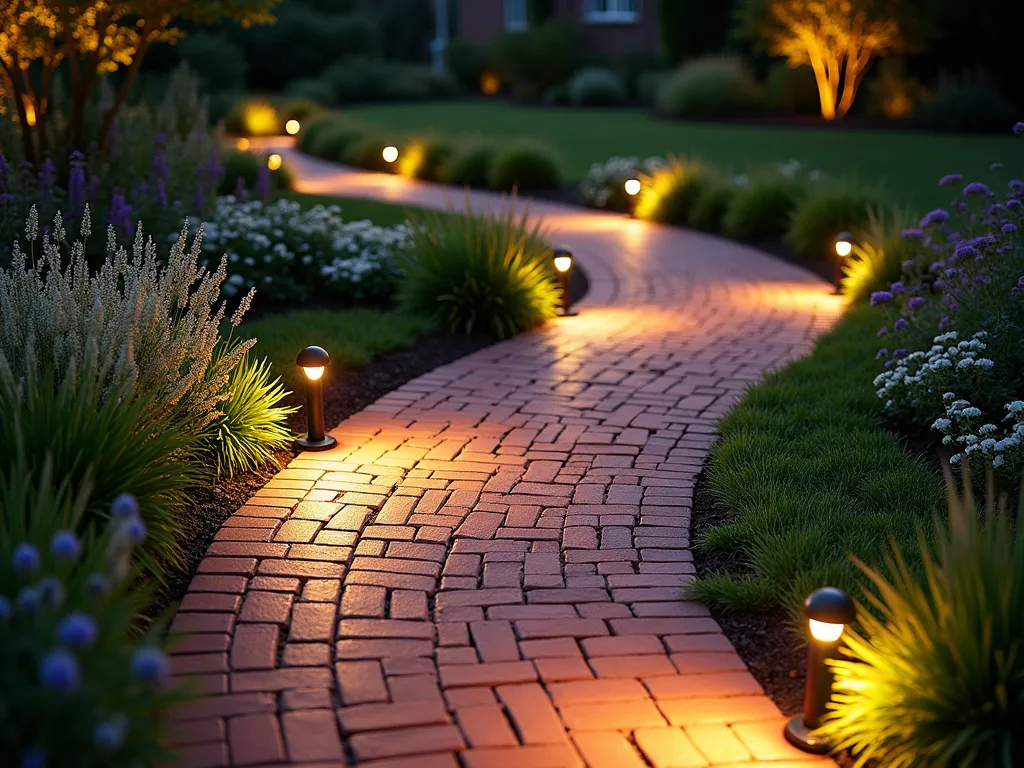 Illuminated Spiral Brick Garden Path at Dusk - A mesmerizing garden path crafted from warm red clay bricks laid in an elegant herringbone pattern, gracefully spiraling through a lush garden landscape. The path curves gently inward, illuminated by contemporary low-profile LED ground lights embedded along both edges, casting a warm golden glow across the textured brick surface. Shot at dusk with the lights creating a magical atmosphere, the path is bordered by soft ornamental grasses and flowering perennials that seem to dance in the evening light. The wide-angle perspective captures the entire spiral composition while highlighting the interplay between the structured brick design and the natural garden elements, creating a enchanting journey through the space.