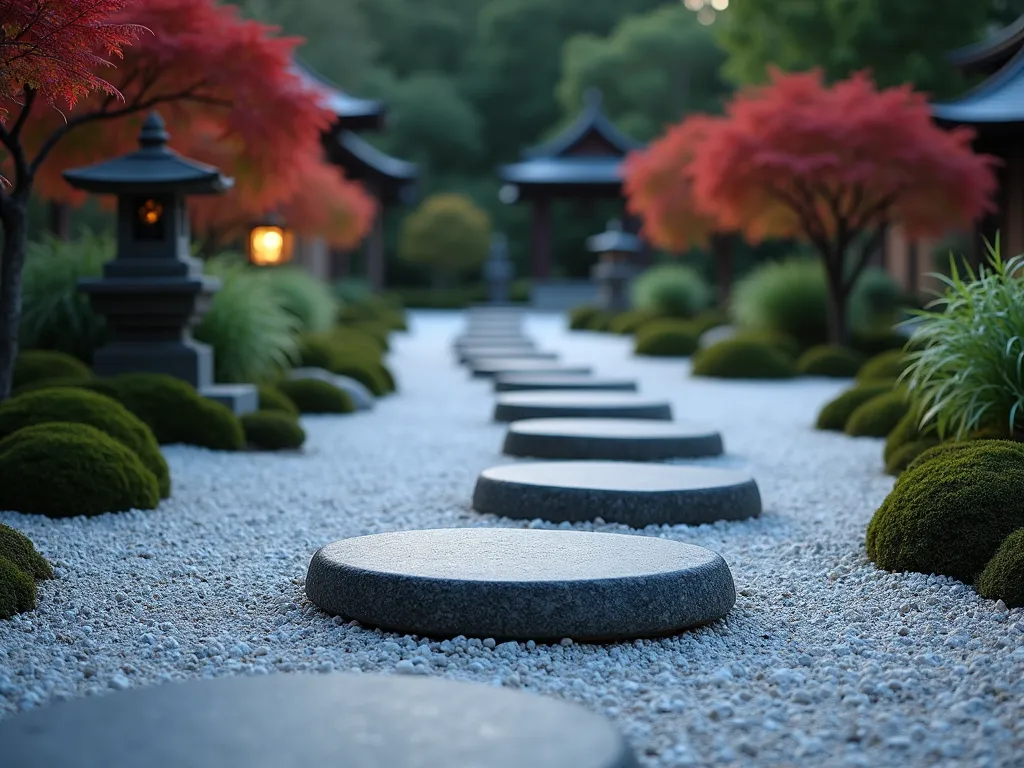 Zen Garden Path with Traditional Japanese Stepping Stones - A serene Japanese garden path at dusk featuring large, flat granite stepping stones arranged in a gentle curve through meticulously raked white gravel. The stones are spaced mindfully, creating a contemplative walking path. Surrounded by carefully pruned dwarf Japanese maples with deep red foliage, low-growing moss patches, and ornamental grasses. Soft landscape lighting casts subtle shadows across the raked patterns in the gravel, while a traditional stone lantern provides atmospheric illumination. Shot from a low angle to emphasize the stone path's meandering journey through the peaceful garden space, with a shallow depth of field focusing on the textured surface of the nearest stepping stone.