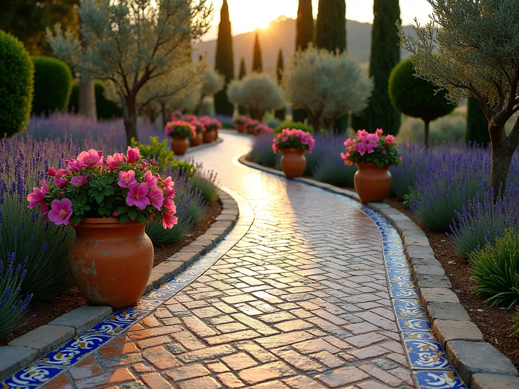 Mediterranean Curved Tile Garden Path - A winding garden path made of intricate hand-painted Mediterranean ceramic tiles in rich blues, terracottas, and yellows, photographed during golden hour. The path curves gracefully through a lush garden featuring lavender borders and olive trees. Weathered terracotta pots filled with cascading bougainvillea line the path edges. Wide-angle shot capturing the full sweep of the curved walkway, with late afternoon sun casting warm shadows across the detailed tile patterns. The tiles feature traditional Spanish and Portuguese motifs, creating a mesmerizing mosaic effect. Natural stone borders frame the tiled path, while cypress trees in the background complete the Mediterranean atmosphere. Shot with DSLR camera, f/8 aperture, ISO 100, 1/125 shutter speed, capturing the rich colors and intricate details of the tiles while maintaining excellent depth of field.