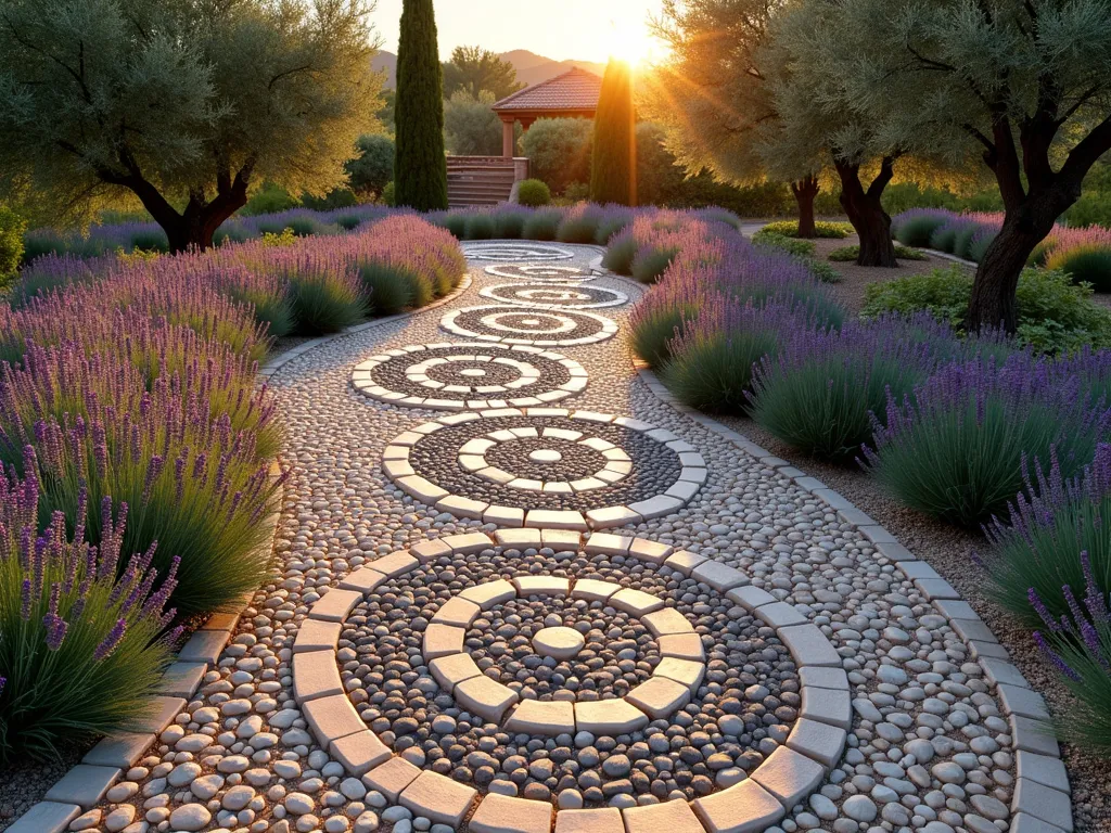 Mediterranean Swirling Pebble Path at Sunset - A curved garden path created with smooth multicolored river pebbles arranged in mesmerizing spiral patterns, photographed during golden hour. The path winds through a Mediterranean-style garden with lavender borders and olive trees. Natural stone hues of cream, gray, and warm brown pebbles form concentric swirls that catch the late afternoon light. Wide-angle shot showing the complete curved pathway leading to a rustic terrace, with cypress trees in the background. The intricate mosaic-like pattern creates a sense of movement and flow, while drought-resistant Mediterranean plants soften the edges. Crystal-clear 8K resolution, photorealistic, with dramatic shadows casting artistic patterns across the stone surface.