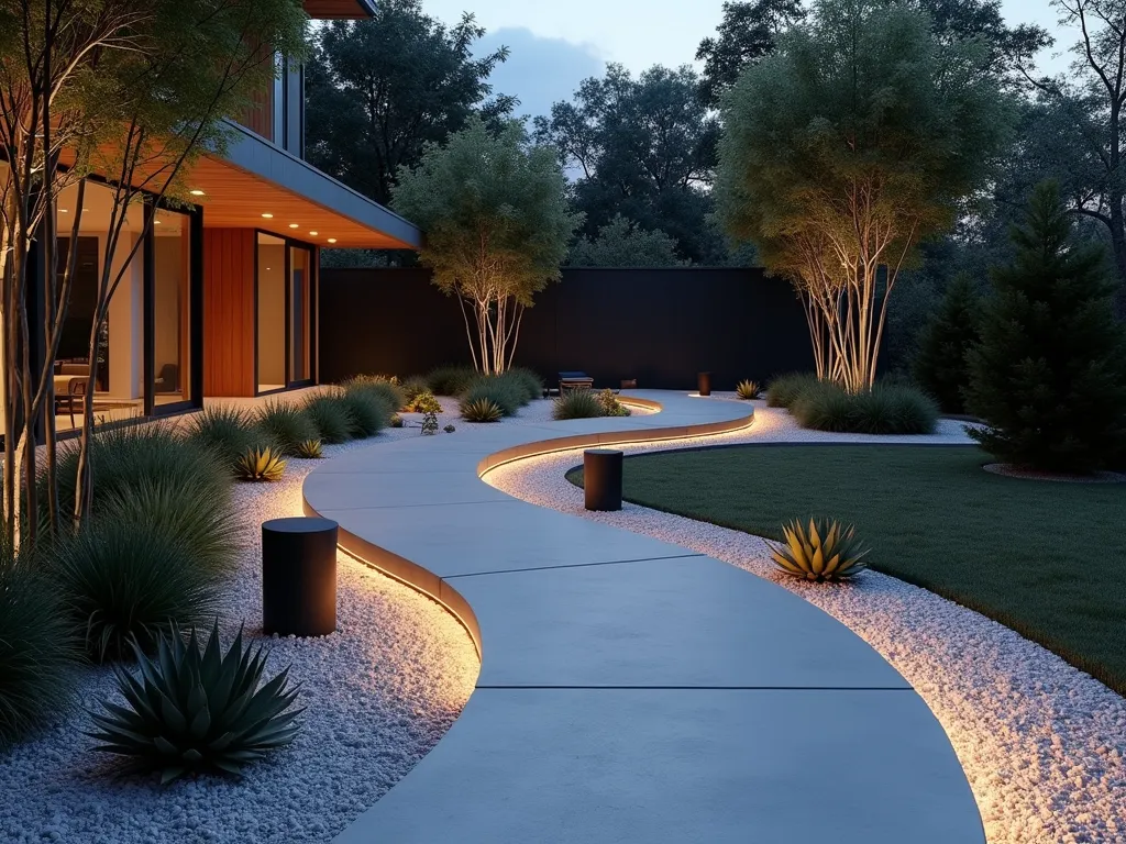 Modern Floating Concrete Garden Path - A twilight scene featuring an elevated curved concrete garden path, floating 6 inches above ground level, with smooth, minimalist edges. The path gracefully winds through a contemporary garden space, illuminated by subtle LED strip lighting underneath. Japanese forest grass and black bamboo create dramatic shadows against the light-colored concrete, while loose white gravel beds contrast with the path's clean lines. Modern geometric planters with architectural agave plants anchor key points along the curve. The path is photographed from a low angle to emphasize its floating appearance, with the warm glow of sunset creating long shadows across the smooth concrete surface. Photorealistic, high-end architectural photography style, crisp details, 8k resolution.