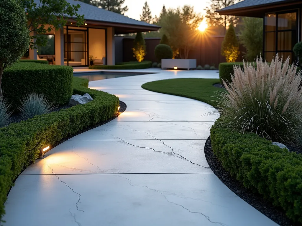 Modern Porcelain Wave Garden Path - A sophisticated curved garden path at dusk, photographed with a wide-angle lens showing sleek, high-end porcelain tiles arranged in an elegant wavelike pattern. The path meanders through a modern minimalist garden with carefully manicured boxwood hedges and ornamental grasses. Low-voltage LED path lights illuminate the waves of the pristine white porcelain tiles, creating subtle shadows that emphasize the flowing pattern. Clean lines of architectural plants frame the path, while the warm sunset casts a golden glow across the scene. The tiles feature a subtle texture that prevents slipping while maintaining a contemporary aesthetic. Professional architectural photography, sharp focus, dramatic lighting, 16-35mm lens, f/2.8, ISO 400.