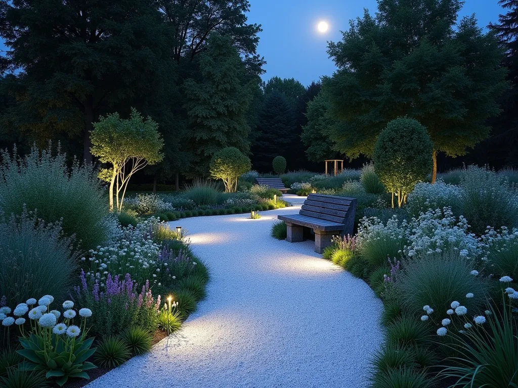 Moonlit Curved Garden Path - A stunning nighttime garden scene captured with a wide-angle lens showing a gently curving white limestone gravel path that seems to glow under a full moon. The ethereal path winds through borders of silvery Artemisia, white Echinacea, and luminous Snow-in-Summer flowers. Japanese forest grass and lamb's ears create soft, silvery edges along the path, while white David phlox and Luna Candida datura stand tall in the background. Strategically placed low-voltage landscape lighting creates subtle shadows and highlights the texture of the gravel. A weathered stone bench sits at the curve's apex, with moonflowers climbing nearby trellises. The scene is photographed at f/2.8 to capture the ambient moonlight, creating a dreamy, enchanted garden atmosphere.