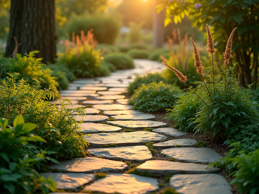 Winding Natural Stone Garden Path at Dawn - A tranquil garden scene at dawn featuring a gently curved flagstone path made of irregular natural stones in warm earth tones. The meandering path winds through lush green groundcover and delicate ferns, with moss growing naturally between the stones. Golden morning light filters through overhead trees, casting dappled shadows on the weathered stone surface. The path disappears around a graceful bend, bordered by ornamental grasses and native wildflowers. Shot from a low angle to emphasize the natural flow and organic curves of the pathway, with morning dew glistening on the surrounding vegetation.