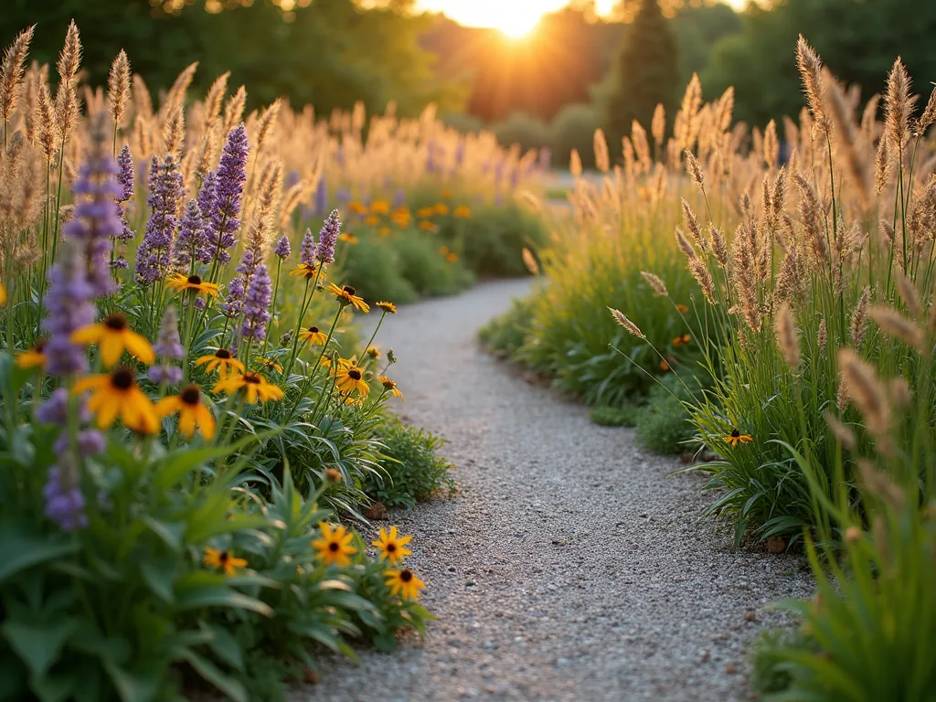 Prairie Style Curved Limestone Path - A serene curved garden path made of crushed limestone, photographed during golden hour with a DSLR wide-angle lens. The path gently meanders through a naturalistic garden filled with swaying purple coneflowers, golden rudbeckia, and feathery native grasses. Soft evening light filters through the tall grasses, creating a dreamy atmosphere. The informal limestone path edges blur naturally into the surrounding prairie-style plantings, while maintaining a clear 4-foot wide walking route. Little bluestem and switchgrass create movement in the foreground, while black-eyed susans and butterfly milkweed add splashes of color. The composition captures both the sweeping curve of the path and the intricate details of the native plantings, with the crushed limestone surface providing subtle texture and a natural feel. f/8, ISO 100, 1/125s, golden hour lighting.