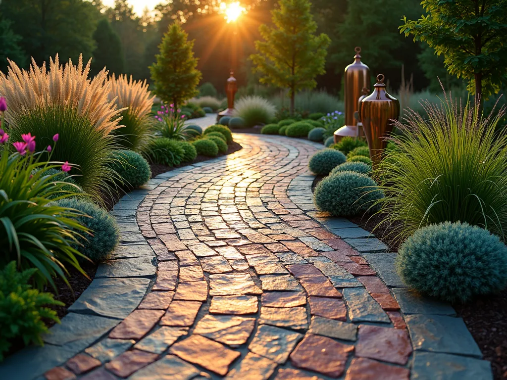 Rainbow Slate Spiral Garden Path - A mesmerizing curved garden path featuring a spiral pattern made of multi-colored slate pieces in rich reds, purples, and greens, photographed during golden hour. The path winds through a lush garden setting with ornamental grasses and flowering perennials softening its edges. Natural sunlight catches the varied textures and iridescent qualities of the slate, while dewdrops create subtle sparkles. Shot from a low angle perspective to emphasize the spiral's dramatic sweep, with Japanese Forest Grass and Blue Fescue providing contrast against the stone. The background shows dappled shadows from mature trees, and weathered copper garden art adds vertical interest. Professional DSLR photo with wide-angle lens, f/8, ISO 100, 1/125 sec, capturing the path's artistic flow and the garden's natural ambiance.