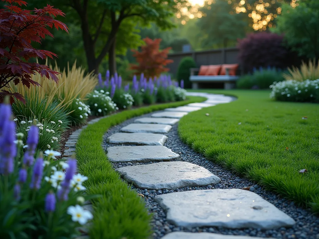 Rhythmic Stone and Grass Path - A gently curving garden path at dusk, featuring alternating sections of natural gray stone pavers and lush green grass, creating a harmonious pattern that weaves through flowering perennial borders. The path is photographed from a low angle, showcasing how the stones appear to float on the grass, with soft landscape lighting illuminating the edges. Japanese maple trees and ornamental grasses frame the scene, while purple salvia and white echinacea bloom along the borders. Dew drops on the grass catch the evening light, adding a magical shimmer to the scene. The path leads to a cozy seating area visible in the background, creating depth and purpose.