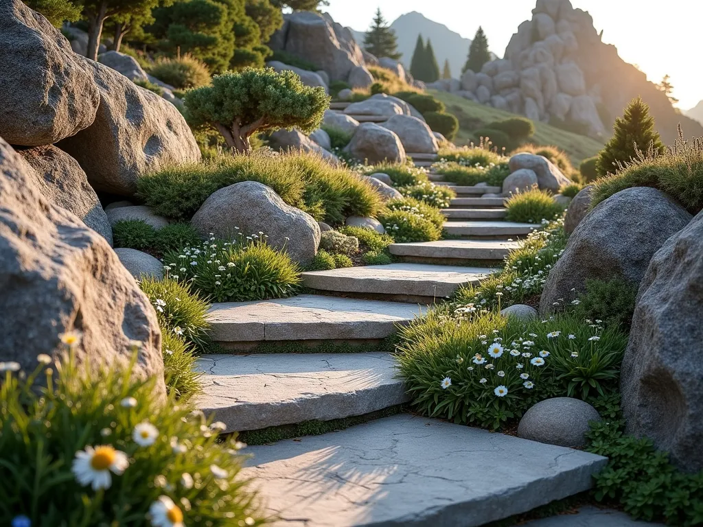 Terraced Alpine Rock Garden Path at Sunset - A professionally photographed, wide-angle view of a winding stone path gracefully curving through a terraced alpine rock garden. Natural stone steps blend seamlessly with the landscape, while delicate alpine plants like Sempervivum, Saxifraga, and Sedum peek between weathered boulder outcroppings. The path meanders upward through multiple levels, creating a natural flow. Soft golden sunset light casts long shadows across the textured stones, highlighting the varied elevations and creating a magical atmosphere. Small clusters of Edelweiss and Alpine Forget-me-nots add pops of color among the rocky terrain. The path's edges are softly defined by cushion plants and miniature conifers, with a natural stone retaining wall providing structural support to the terraced design. Crystal-clear 8K resolution captures the intricate details of the rock formations and delicate plant textures.