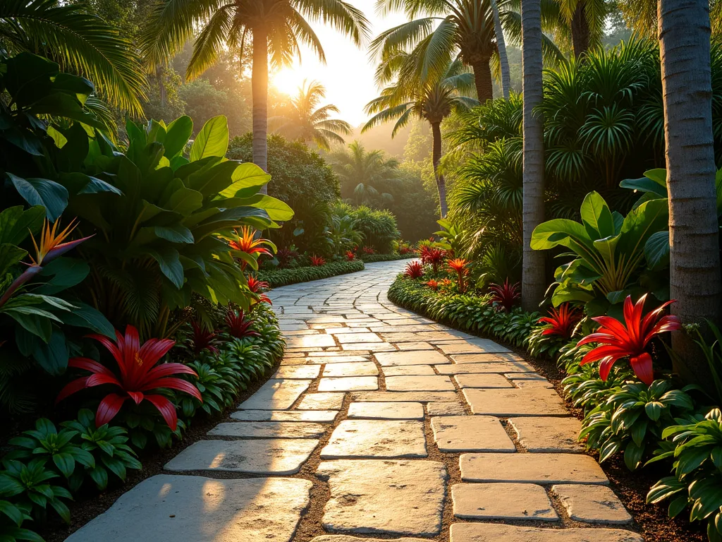 Tropical Paradise Curved Stone Path - A wide, gently curving garden path made of large natural limestone pavers, photographed during golden hour. The path winds through a lush tropical landscape with towering bird of paradise plants, colorful heliconias, and vibrant crotons creating a naturalistic border. Philodendrons and ferns cascade onto the edges of the stone path, while palm fronds create dappled shadows across the weathered stone surface. Shot from a low angle perspective using a wide-angle lens, capturing the dramatic curve of the path as it disappears into the tropical foliage. The warm evening light filters through the canopy, creating a magical, resort-like atmosphere with deep greens and rich textures.