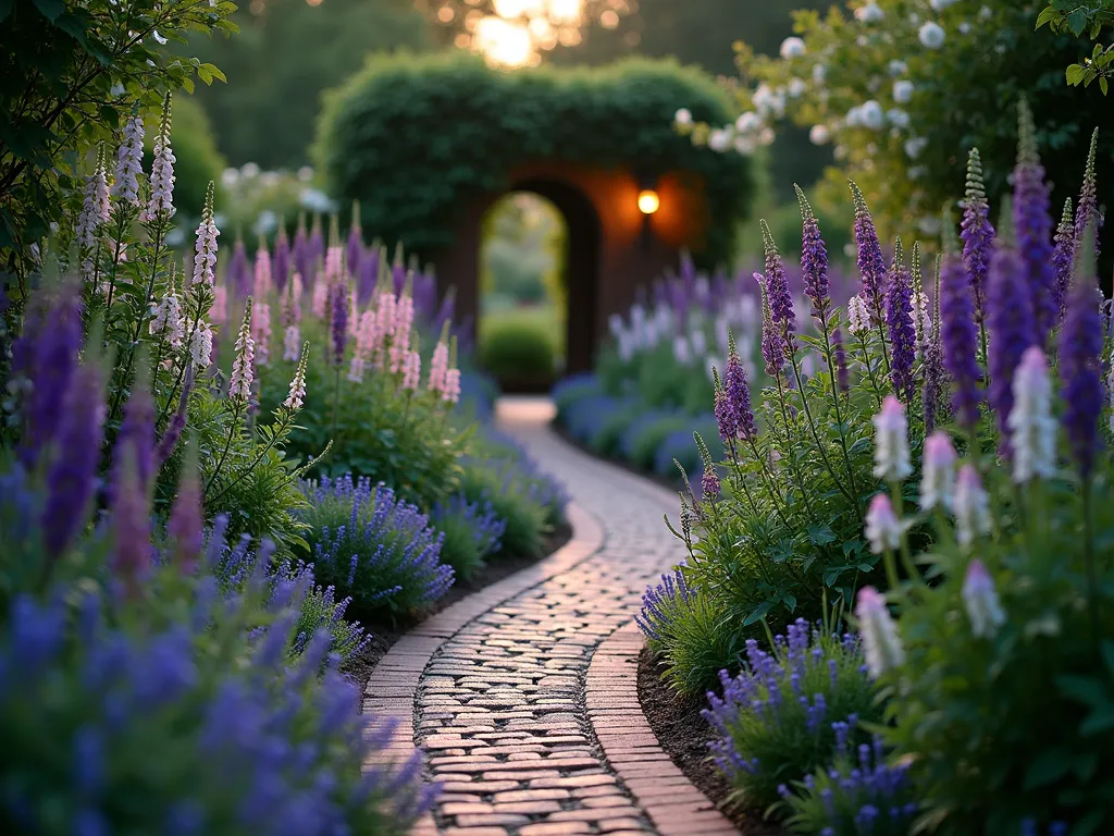 Winding Cottage Garden Path at Dusk - A magical twilight scene of a winding red brick pathway meandering through a lush English cottage garden, shot at f/2.8 with a 16-35mm lens. The narrow path curves gently between overflowing borders of lavender, foxgloves, and delphinium, their colors soft in the fading light. Traditional weathered brick edges frame the path, while climbing roses cascade over a hidden archway in the distance. Delphiniums and hollyhocks create vertical interest, with soft lighting highlighting the texture of the bricks and casting gentle shadows across the curve. Captured from a low angle to emphasize the journey through the garden, with dreamy bokeh effect on the abundant flowers. The path disappears around a bend, suggesting hidden garden rooms beyond, with warm lantern light barely visible around the corner.