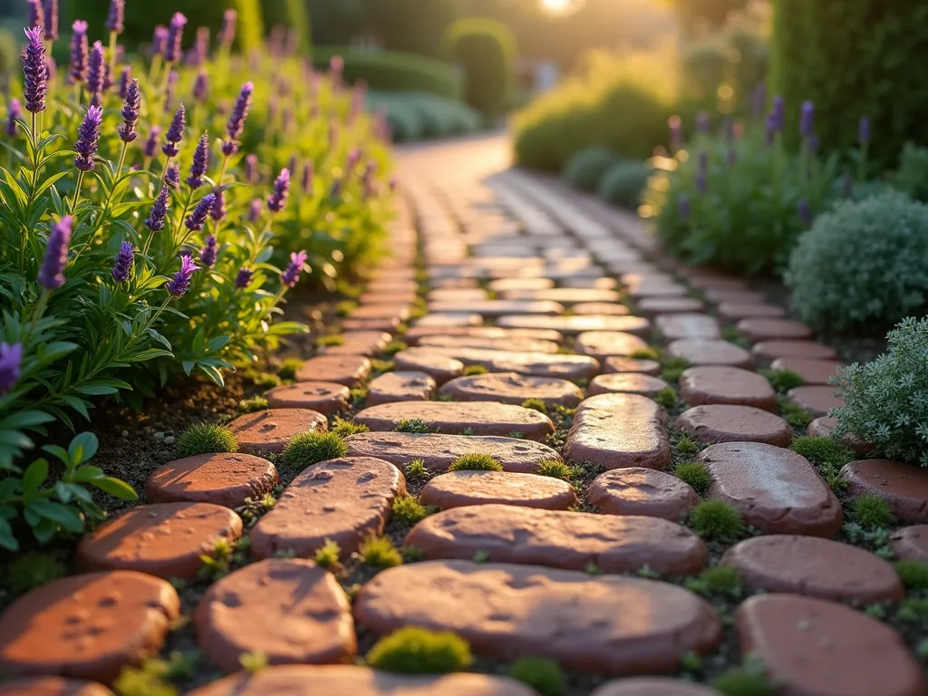 Winding Salvaged Brick Garden Path - A close-up perspective of a gently curving garden path made from reclaimed vintage red bricks, arranged in an elegant wave pattern. The weathered bricks showcase varying shades of rusty reds, deep burgundies, and faded terracotta, with moss and small herbs growing between the joints. The path is flanked by lush cottage garden plantings including lavender and creeping thyme, captured during golden hour with warm sunlight casting long shadows across the textured brick surface. Soft bokeh effect in background shows glimpses of an English cottage garden. Photorealistic, high detail, architectural photography style.