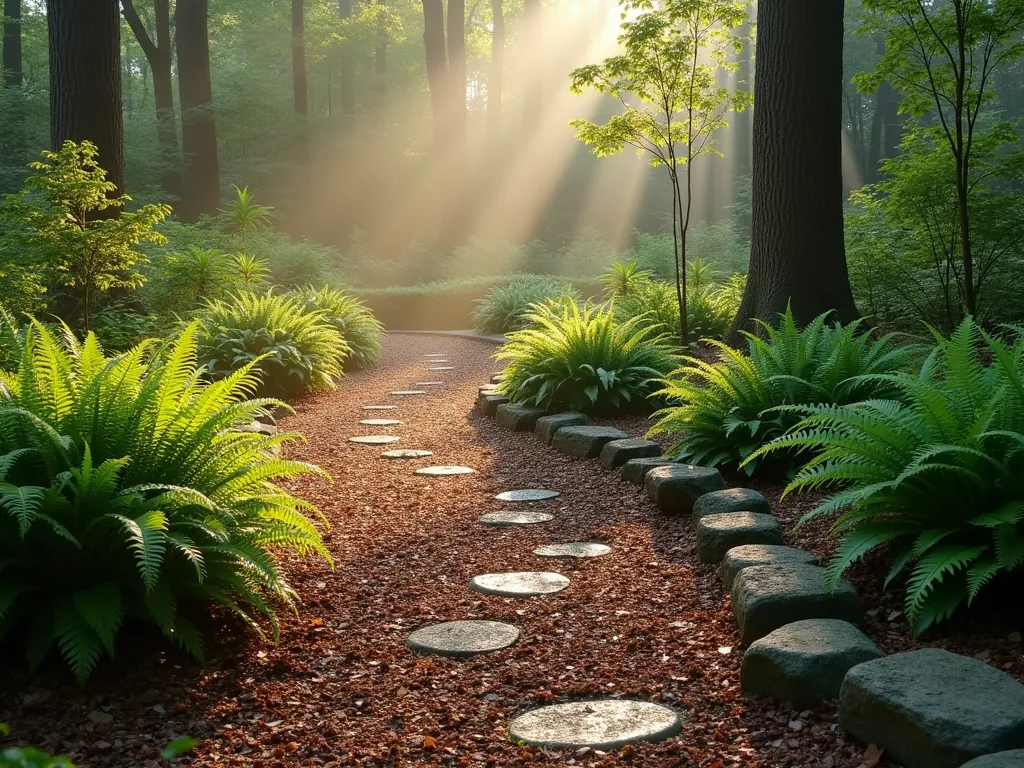 Serene Woodland Mulch Path at Dawn - A serene curved garden path photographed at dawn with soft morning light filtering through tree canopies. The natural cedar mulch path meanders gracefully through a lush woodland garden setting, bordered by clusters of native ferns, hostas, and shade-loving perennials. Dew drops glisten on the foliage, while the rich brown mulch creates a soft, natural walking surface. Shot with a wide-angle perspective showing the gentle curves of the path leading into a misty background, with moss-covered stones occasionally lining the edges. The composition captures the path's organic flow and its harmonious integration with the surrounding woodland landscape, creating a peaceful, naturalistic garden scene.