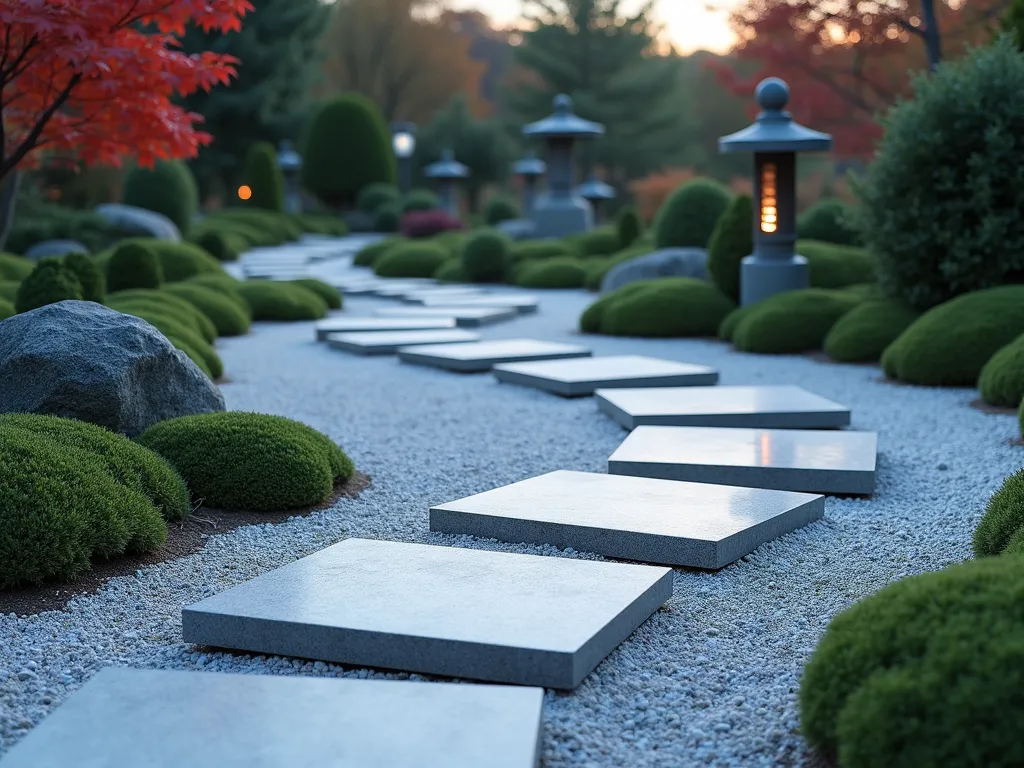 Serene Zen Path at Dusk - A mesmerizing curved garden path made of smooth, pale granite slabs gracefully winding through a minimalist Japanese zen garden. The path is flanked by precisely raked white gravel patterns creating concentric circles and flowing lines. Lush green moss patches soften the edges, while carefully placed stone lanterns cast a warm glow in the falling dusk. Shot from a low angle perspective, emphasizing the curve's gentle flow and capturing the interplay of light and shadow. The composition creates a sense of peaceful movement and meditation, with distant ornamental maples providing soft red accents against the dimming sky. Photographed with a digital camera, 16-35mm lens at 24mm, f/2.8, ISO 400, during blue hour for optimal atmosphere.